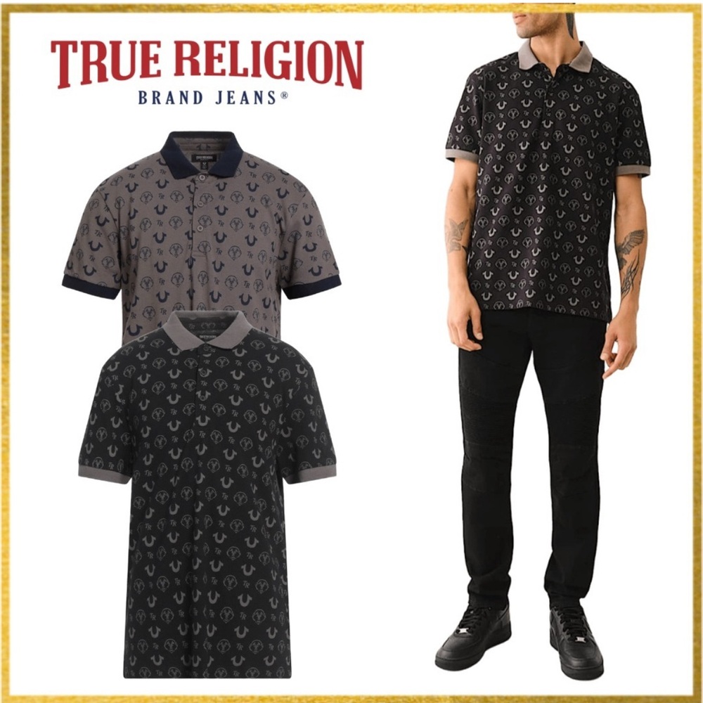 True Religion Men's Blue and Gray 100% Cotton Polo Shirt Size: Large NWT